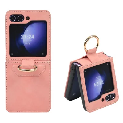 For Samsung Galaxy Z Flip5 5G Case Leather Coated PC Phone Cover with Ring Kickstand - Pink