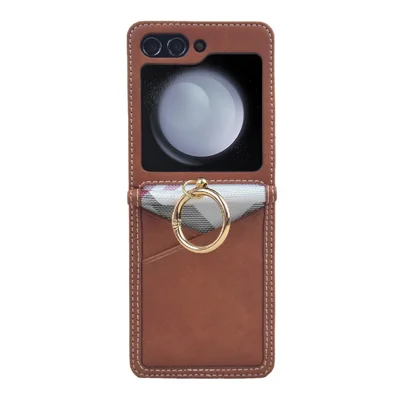 For Samsung Galaxy Z Flip5 5G Case Card Slot Ring Holder Leather+PC Phone Cover - Dark Brown