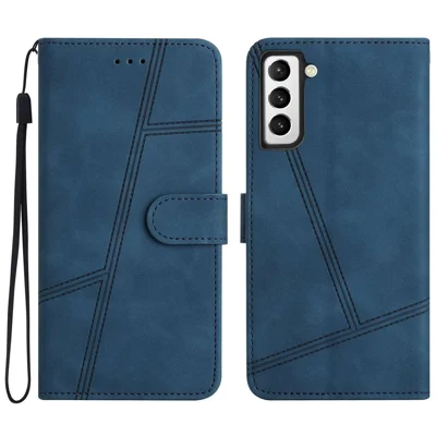 For Samsung Galaxy S21 4G / 5G Skin-touch Feeling Lines Imprinted Phone Case Vintage PU Leather Magnetic Flip Cover with Wallet Stand - Blue