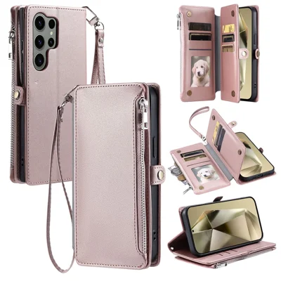 015 Style For Samsung Galaxy S24 Ultra Case TPU+PU Leather Wallet Phone Cover with Straps - Rose Gold