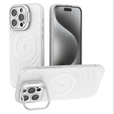 For iPhone 16 Pro Max Case PC Kickstand Ripple Texture TPU Phone Cover Compatible with MagSafe - White