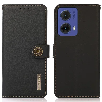 KHAZNEH For Motorola Moto G85 5G / S50 Neo 5G Case Genuine Cow Leather RFID Blocking Wallet Phone Cover - Black