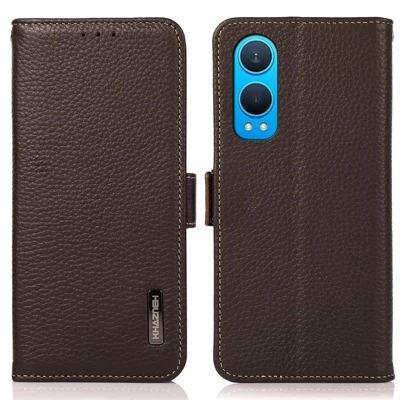 KHAZNEH For OnePlus Nord CE4 Lite 5G / Oppo K12x 5G (China) Phone Case Genuine Cow Leather Cover RFID Blocking - Brown