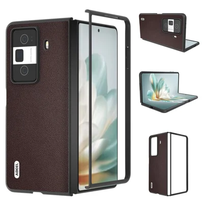 ABEEL For Honor Magic Vs3 5G Case Black Edge Genuine Cow Leather PC Phone Cover - Coffee