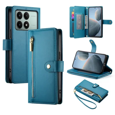 DF-011 For Xiaomi Poco X6 Pro 5G / Redmi K70E 5G Leather Case Zipper Wallet Multiple Card Slots - Blue