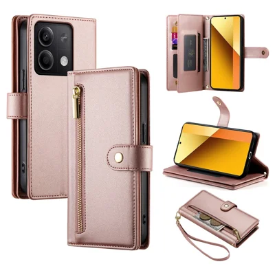 DF-011 Voor Xiaomi Redmi Note 13 5G hoesje met rits portemonnee crossbody lederen telefoonhoes - Roze