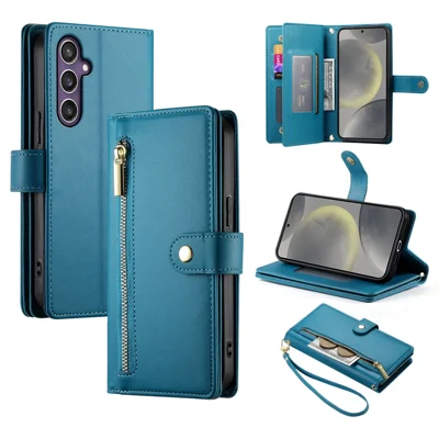DF-011 For Samsung Galaxy S24 Case PU Leather Crossbody Phone Cover with Zipper Pocket - Blue