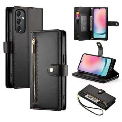 DF-011 For Samsung Galaxy A24 4G (162.1 X 77.6 X 8.3mm) Case Zipper Wallet Leather Phone Cover - Black