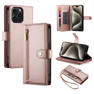 DF-011 For iPhone 15 Pro Max Leather Case Zipper Wallet Crossbody Phone Cover Stand View - Pink