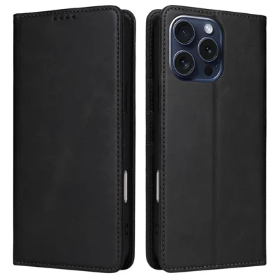 Voor iPhone 15 Pro hoesje RFID-blokkering telefoon lederen cover met magnetische sluiting - Zwart