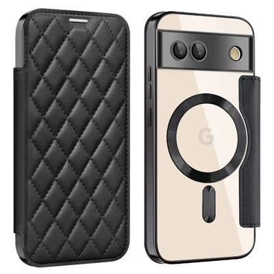 For Google Pixel 8a Magnetic Case Rhombus PU Leather Phone Cover - Black