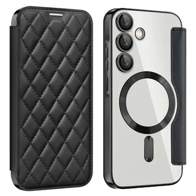 For Samsung Galaxy A35 5G Case Card Slot Rhombus Leather Phone Cover Magnetic Case - Black