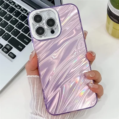 For iPhone 16 Pro Case IMD Design Shockproof PC+TPU Phone Cover with Glass Lens Film - Ripple Pattern / Purple