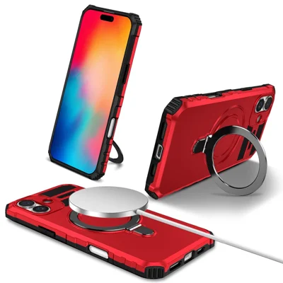 For iPhone 16 Case Magnetic Kickstand PC+TPU Phone Cover Compatible with MagSafe - Red