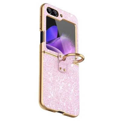 For Samsung Galaxy Z Flip5 5G Case PU Leather+PC Glitter Phone Cover Ring Holder - Pink