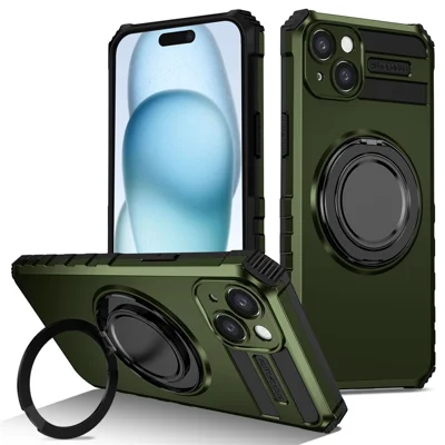 For iPhone 13 Case Compatible with MagSafe Rotary Kickstand Anti-Drop TPU+PC Phone Cover - Blackish Green