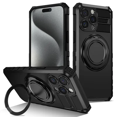 Voor iPhone 15 Pro-hoesje compatibel met MagSafe, draaibare kickstand, anti-val TPU+PC telefoonhoes - Zwart