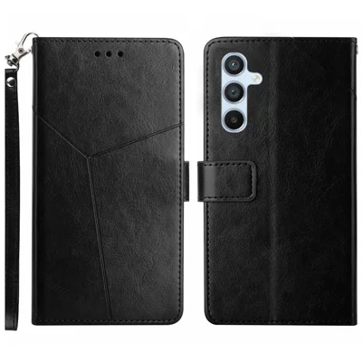 For Samsung Galaxy A16 5G / A16 4G Case with Wrist Strap Y Shaped Lines Imprint Leather Phone Cover - Black