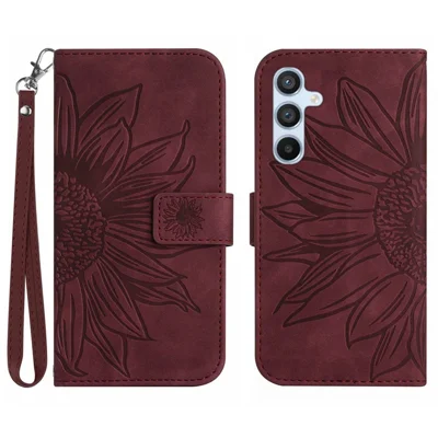 HT04 For Samsung Galaxy A16 5G / A16 4G Wallet Case Sunflower Leather Phone Cover with Wrist Strap - Wine Red