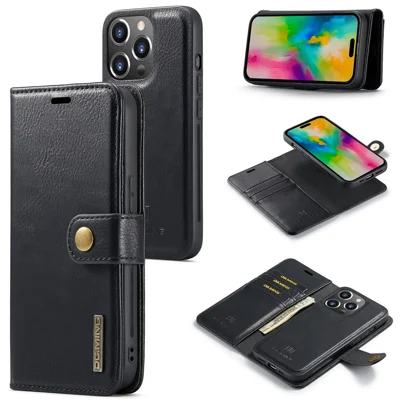 DG.MING for iPhone 16 Pro Case Detachable Split Leather Phone Cover - Black