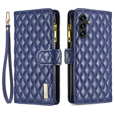 BINFEN COLOR BF Style-15 For Samsung Galaxy A16 5G / A16 4G Leather Case Zipper Pocket Rhombus Phone Cover - Blue