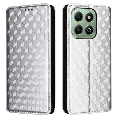 For Honor X6b 4G Anti-Scratch PU Leather Case Rhombus Imprinted Wallet Stand Phone Cover - Silver