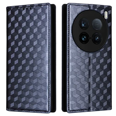 For vivo X100 Ultra 5G Case Rhombus Imprinted Wallet Stand PU Leather Phone Cover - Blue