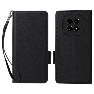 For Realme V60 5G / Realme V60s 5G Case with Wrist Strap Litchi Texture PU Leather Wallet Phone Cover - Black