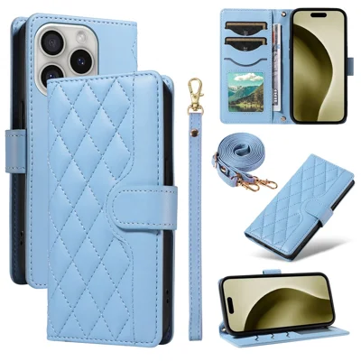 For iPhone 16 Pro Crossbody Case Rhombus Flip Leather Handbag Phone Cover - Blue