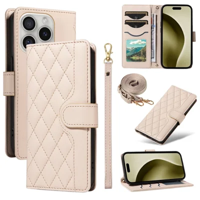 For iPhone 16 Pro Max Case Leather Rhombus Checkered Phone Cover with Detachable Lanyard Straps - Apricot