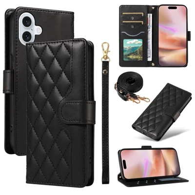 For iPhone 16 Case Wallet Quilted Leather Phone Cover with Shoulder Strap, Wrist Strap - Black