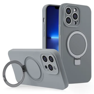For iPhone 13 Pro Case Compatible with MagSafe Liquid Silicone Ring Kickstand Phone Cover - Grey
