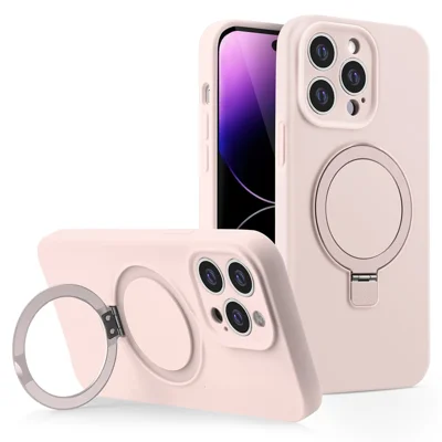 For iPhone 14 Pro Max Magnetic Case Invisible Kickstand Liquid Silicone Phone Cover Camera Protection - Pink