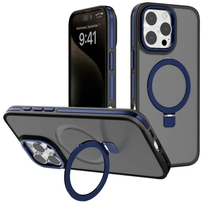 C1 Series For iPhone 15 Pro Max Case TPU+PC Skin Touch Anti-Shock Phone Cover with Magnetic Kickstand - Sapphire