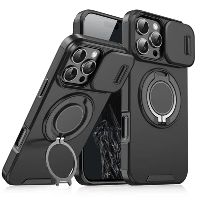 For iPhone 16 Pro Max Magnetic Phone Case Slide Lens Protection Ring Kickstand TPU+PC Cover - Black