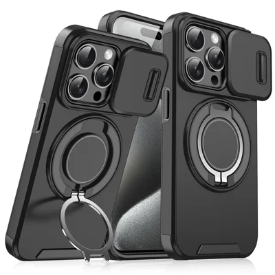 للهاتف iPhone 15 Pro غطاء هاتف مغناطيسي بحلقة دعم قابلة للانزلاق وحماية للعدسة وغطاء من مادة TPU+PC - أسود