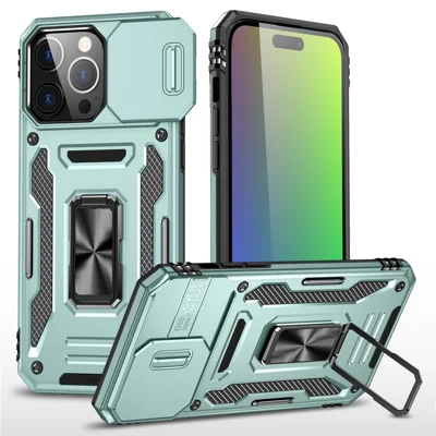 Armor Series For iPhone 16 Pro Max Case PC+TPU Kickstand Phone Cover with Slide Lens Lid - Green