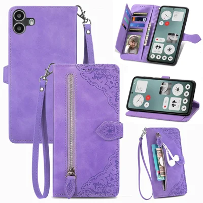 For Nothing CMF Phone 1 Zipper Wallet Case with Strap Flower Imprint PU Leather Phone Cover - Light Purple