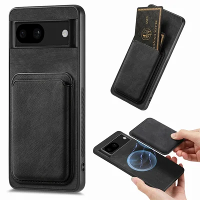 For Google Pixel 8a Magnetic Case Leather Back Cover with Detachable Card Holder - Black
