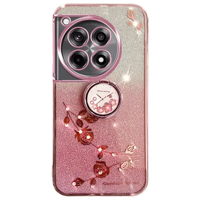KADEM For OnePlus Ace 3 Pro 5G Case Ring Kickstand TPU Flowers Phone Cover Gradient Glitter - Rose Gold