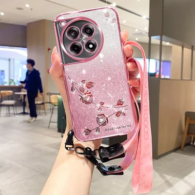 KADEM For OnePlus Ace 3 Pro 5G Case Flower Pattern TPU Gradient Phone Cover with Lanyards - Rose Gold