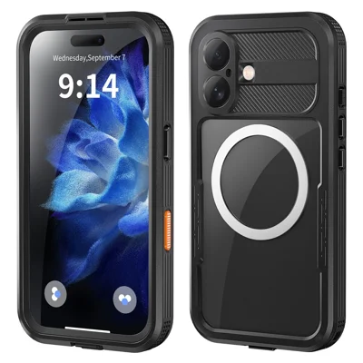 SHELLBOX For iPhone 16 Case Compatible with MagSafe IP68 Waterproof Clear Phone Cover - Black
