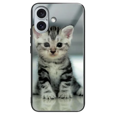 For iPhone 16 Case Pattern Printing Tempered Glass+TPU Phone Cover - Cute Cat