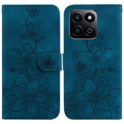 For Honor Play 60 Plus 5G Case Lily Flower Imprint Leather Phone Cover with Stand - Dark Blue