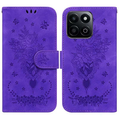 For Honor Play 60 Plus 5G Case PU Leather Wallet Phone Cover Butterfly Flower Imprint - Purple