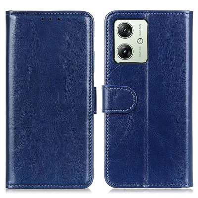 For Motorola Moto G64 5G Phone Case Crazy Horse Texture PU Leather Phone Stand Cover - Blue