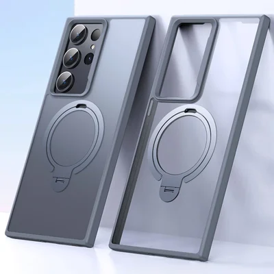 For Samsung Galaxy S23 Ultra Phone Case Kickstand Matte Back Cover Magnetic Case - Grey