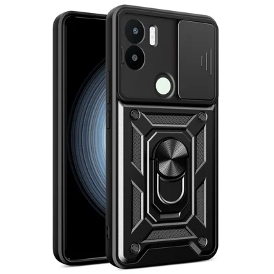 Til Xiaomi Redmi A1+ 4G Taske med Skydelinseloge PC+TPU Stå-telefonbeskytter - Sort