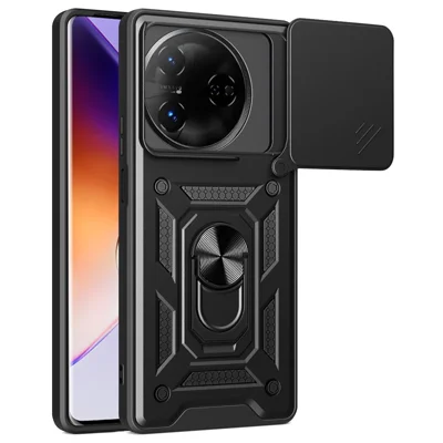 For itel S24 Case with Slide Camera Lid PC+TPU Kickstand Phone Cover - Black