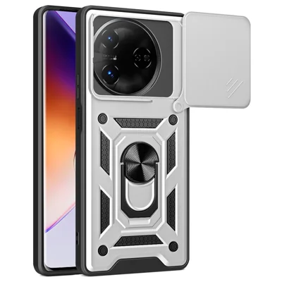 For itel S24 Case with Slide Camera Lid PC+TPU Kickstand Phone Cover - Silver